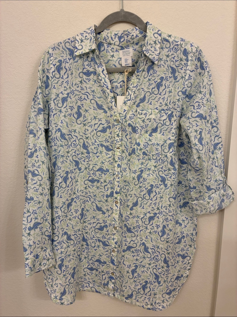 NWT Sigrid Olsen Linen Seahorse Print Button‑Down — Light Blue & White (M)
